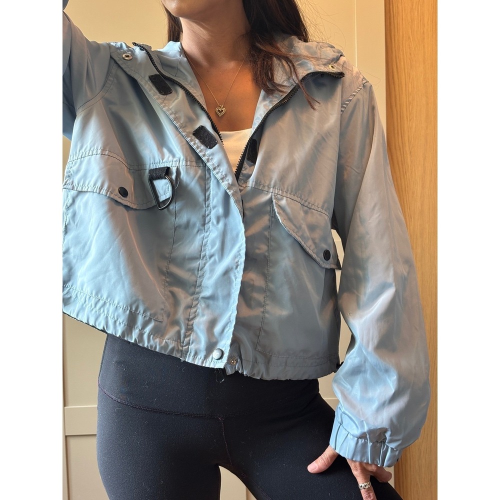 New Look Womens Light Blue Cropped Hooded Windbreaker Jacket Utility Size L